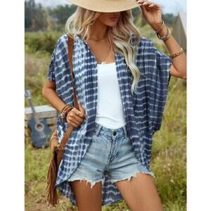 Emory Park Blue Tie Dye Kimono Beach Cover up SZ XL Summer Boho‎ Vacation Resort